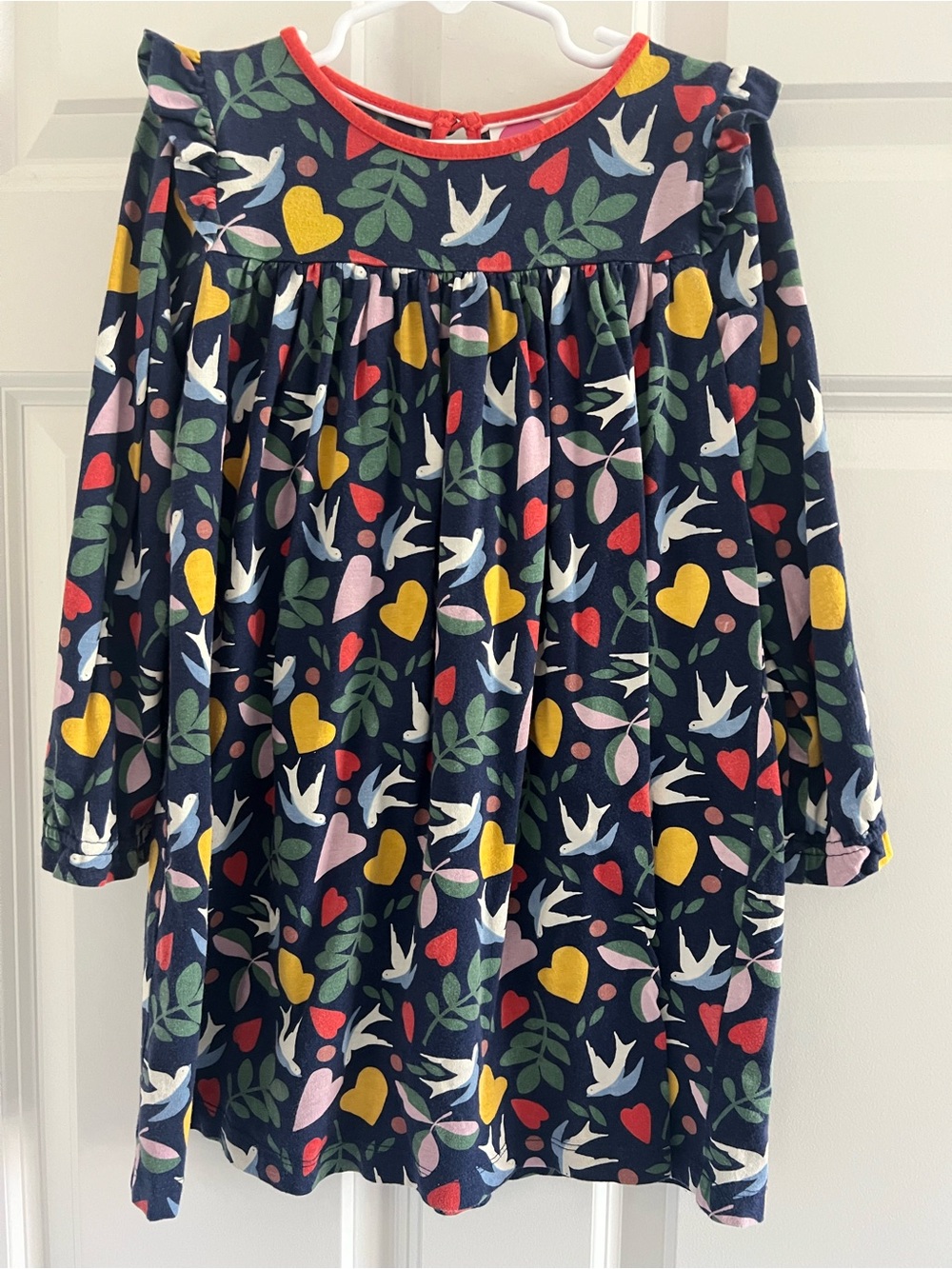 Mini Boden Navy Dress with Bright Heart and Bird Print